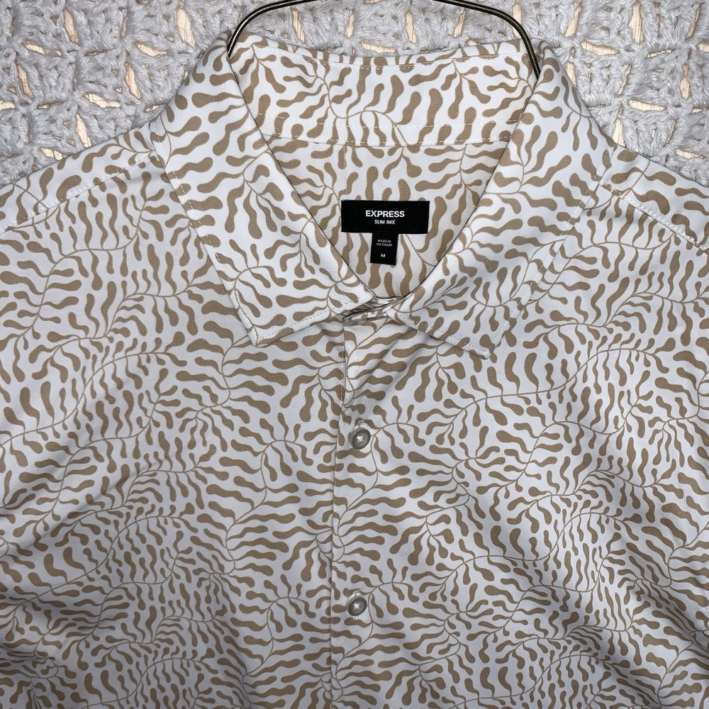 Express Slim 1MX Geometric Shirt Mens Sz‎ M Beige White Performance Button Up